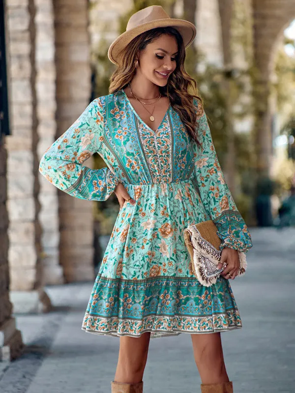 Floral Print V-neck Dress with Long Sleeves and Fitted Waist