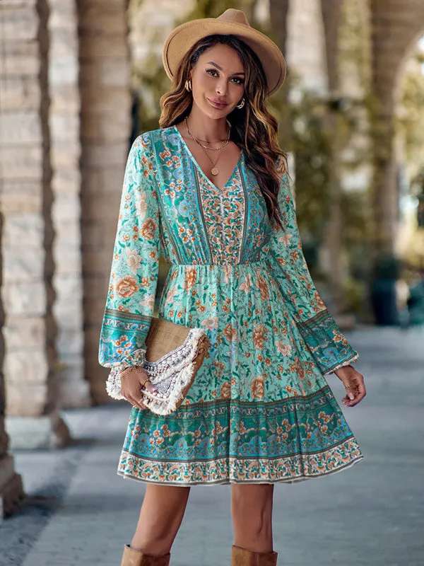 Floral Print V-neck Dress with Long Sleeves and Fitted Waist
