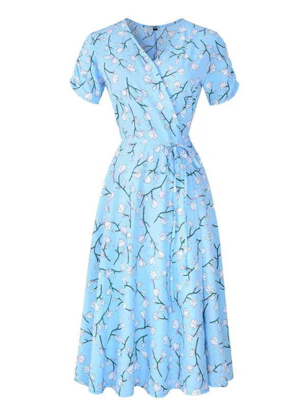 Floral Print Wrap-Style Midi Dress with V-Neck and Short Sleeves