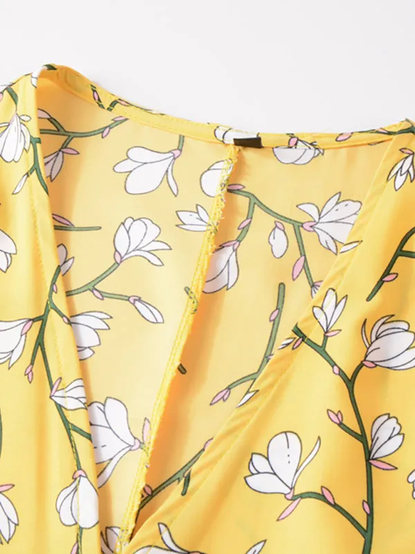 Floral Print Wrap-Style Midi Dress with V-Neck and Short Sleeves