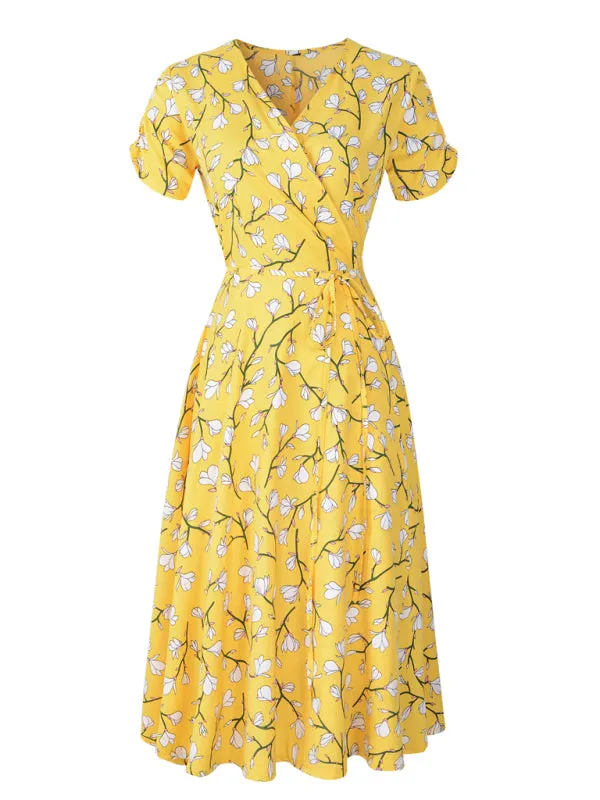 Floral Print Wrap-Style Midi Dress with V-Neck and Short Sleeves