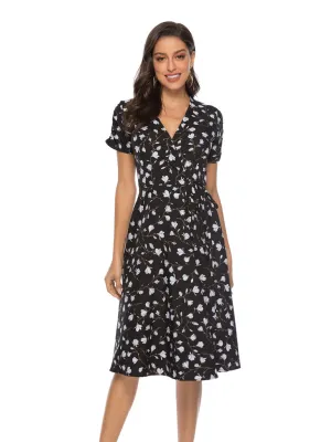 Floral Print Wrap-Style Midi Dress with V-Neck and Short Sleeves