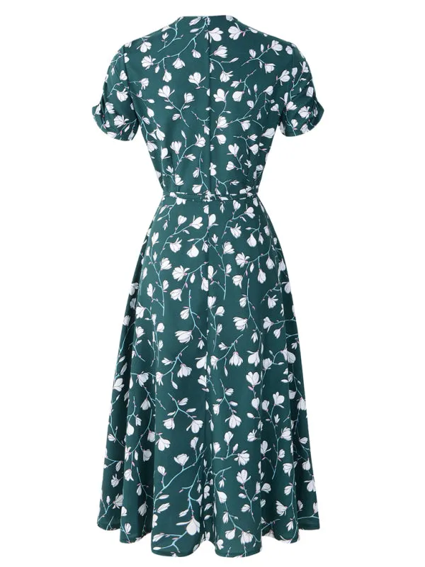 Floral Print Wrap-Style Midi Dress with V-Neck and Short Sleeves