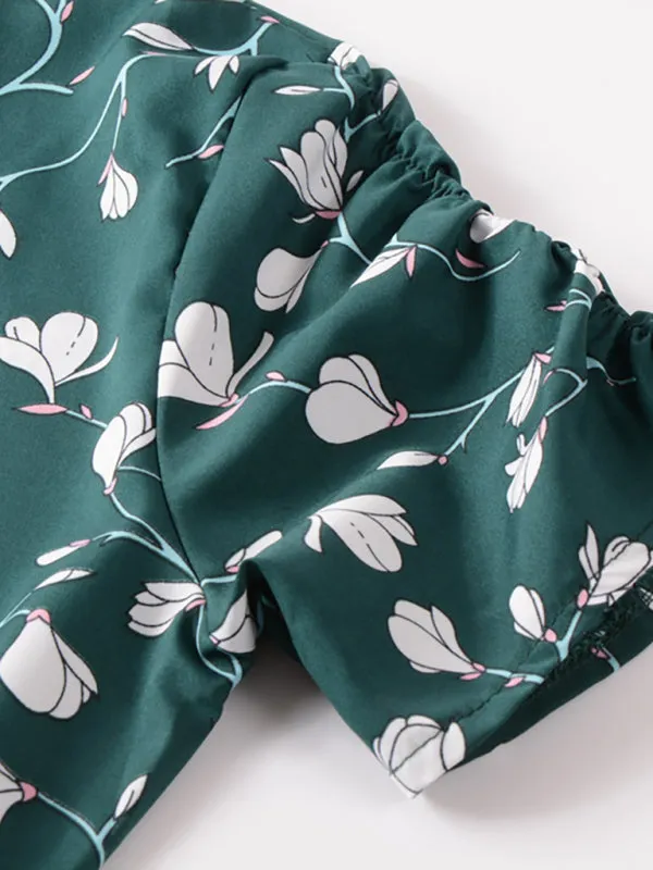 Floral Print Wrap-Style Midi Dress with V-Neck and Short Sleeves