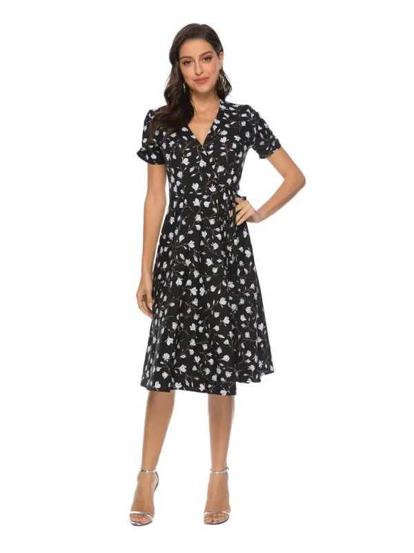 Floral Print Wrap-Style Midi Dress with V-Neck and Short Sleeves