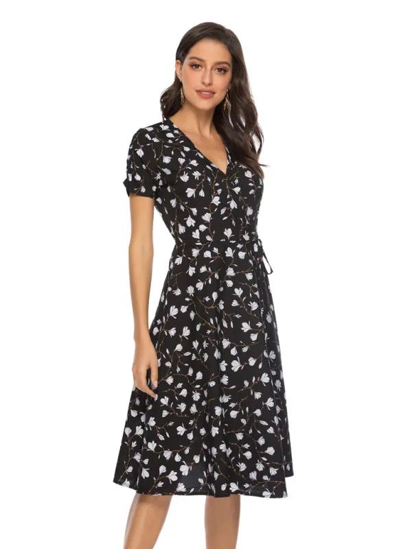 Floral Print Wrap-Style Midi Dress with V-Neck and Short Sleeves