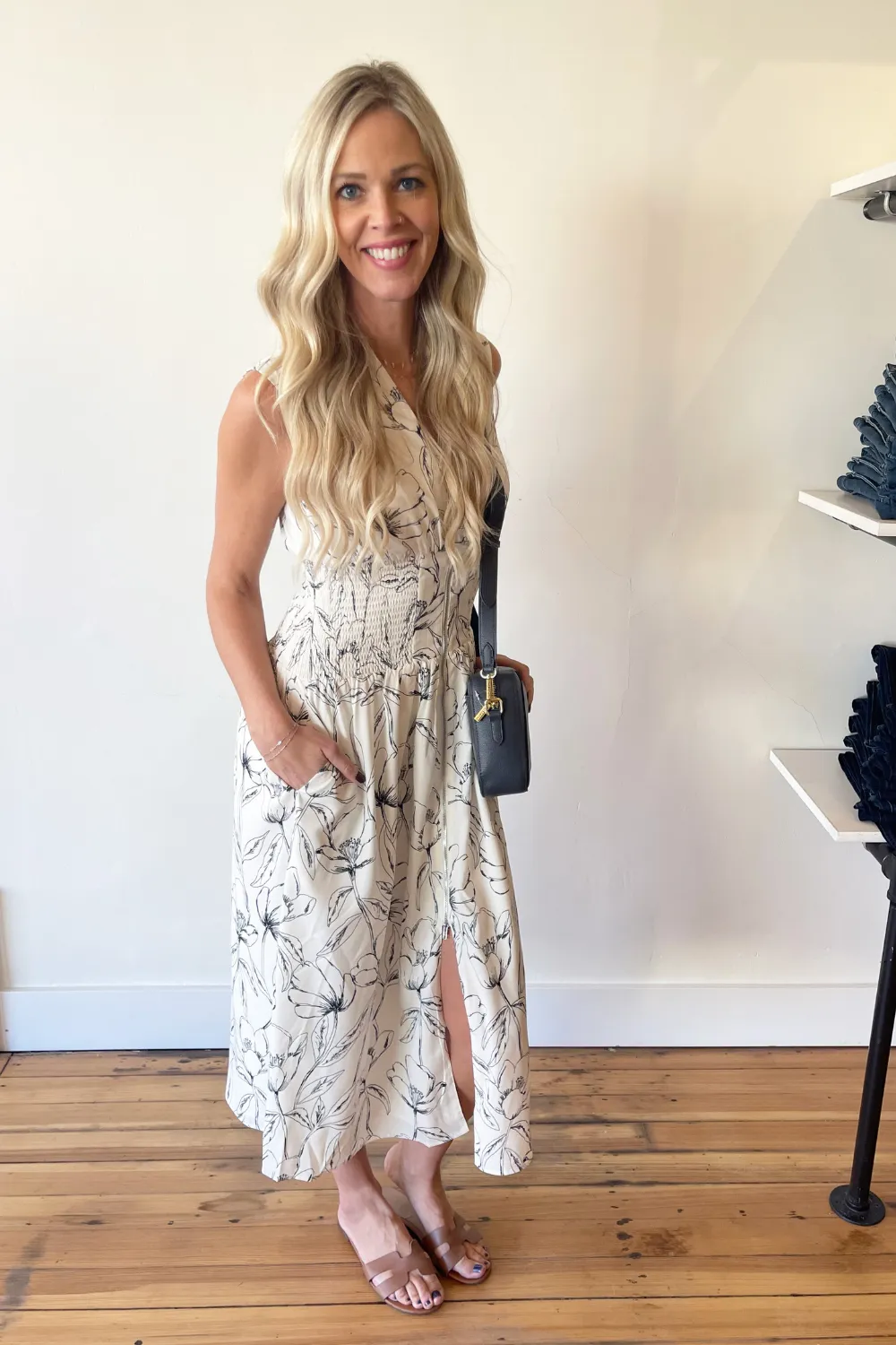 Floral Printed V-Neck Smocked Waist Zip Front Dress