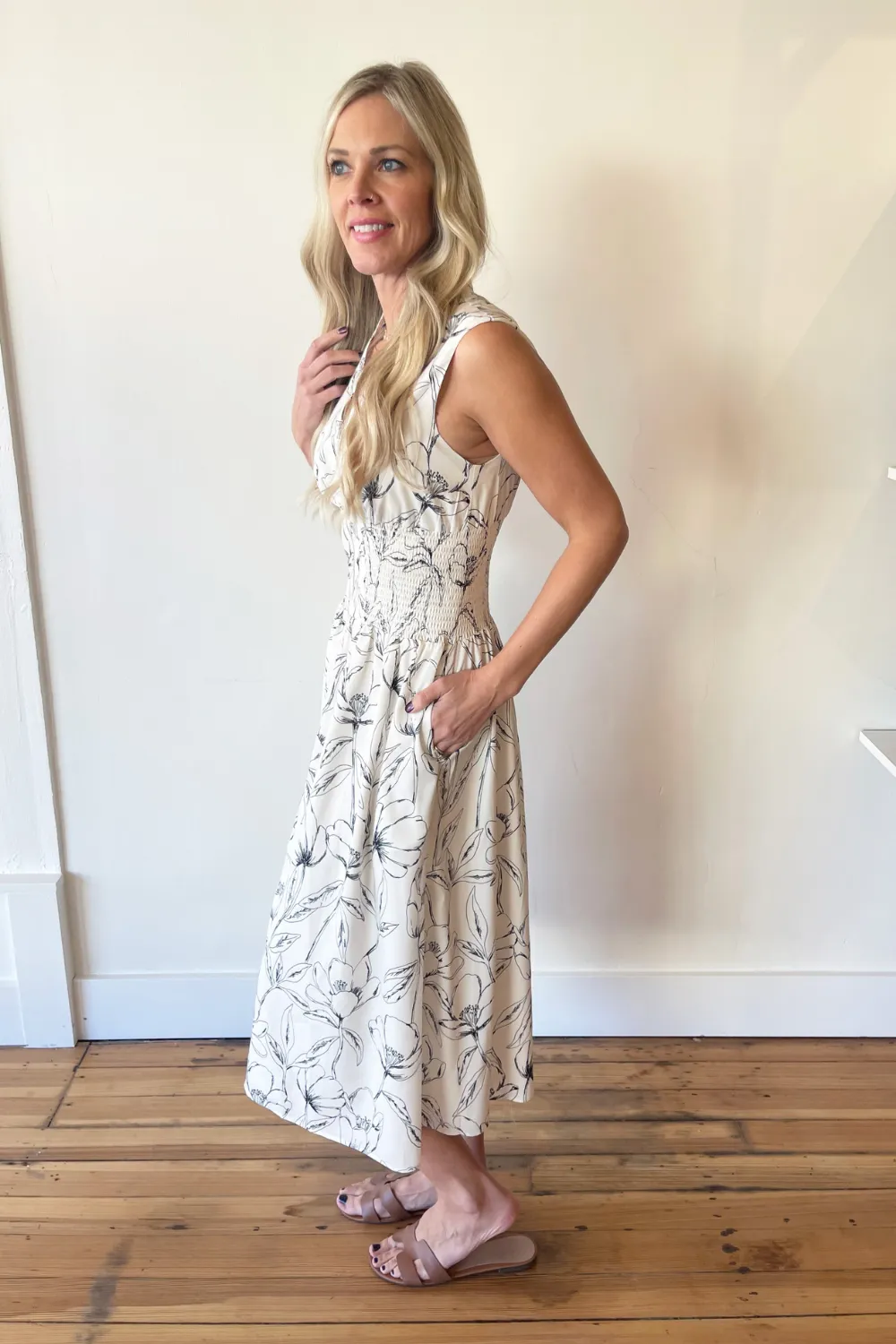Floral Printed V-Neck Smocked Waist Zip Front Dress