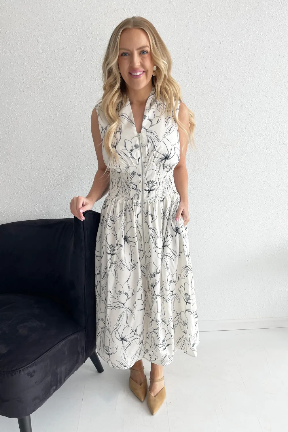 Floral Printed V-Neck Smocked Waist Zip Front Dress