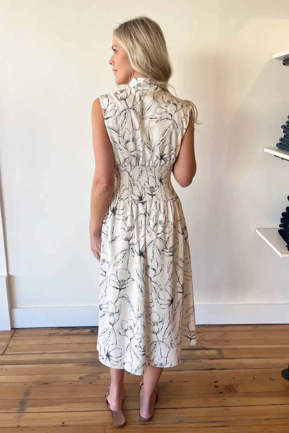 Floral Printed V-Neck Smocked Waist Zip Front Dress