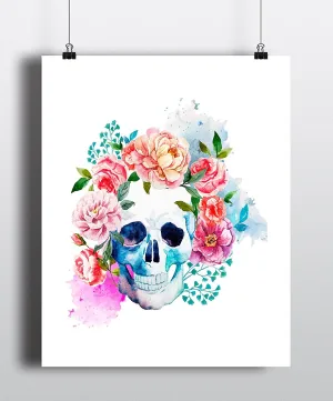 Floral Skull Watercolor Art Print - Unframed