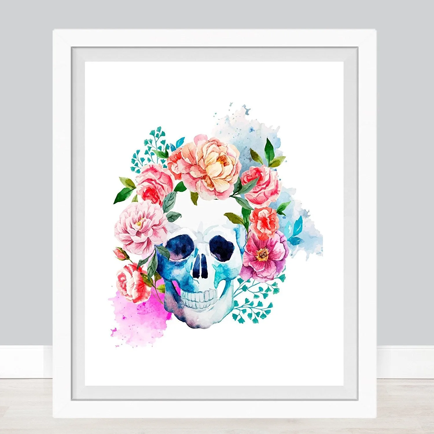 Floral Skull Watercolor Art Print - Unframed