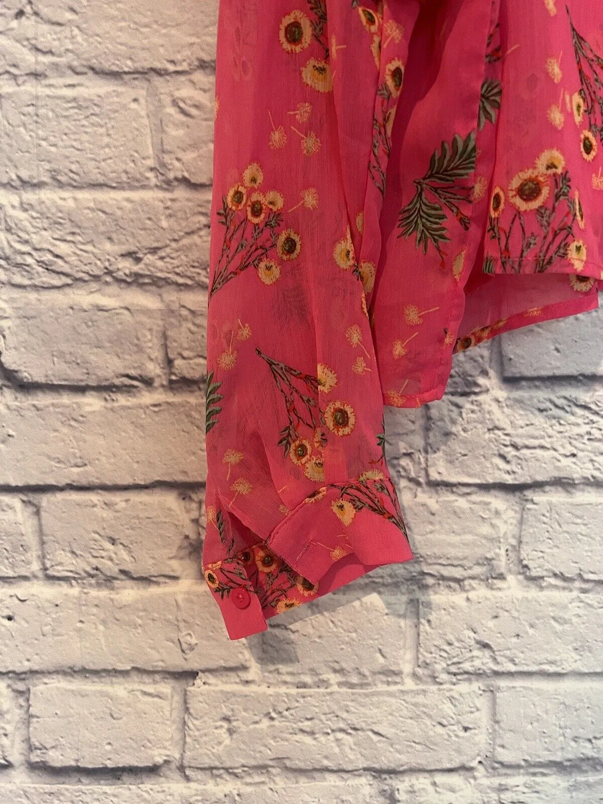 FOREVER 21 Sheer Sz 3X Button Front Blouse Pink Floral Long Sleeve Ruffle Boho