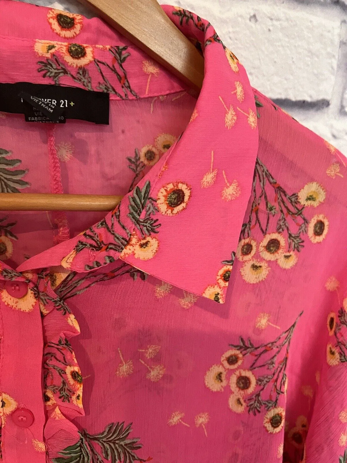 FOREVER 21 Sheer Sz 3X Button Front Blouse Pink Floral Long Sleeve Ruffle Boho