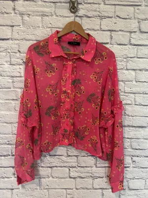 FOREVER 21 Sheer Sz 3X Button Front Blouse Pink Floral Long Sleeve Ruffle Boho