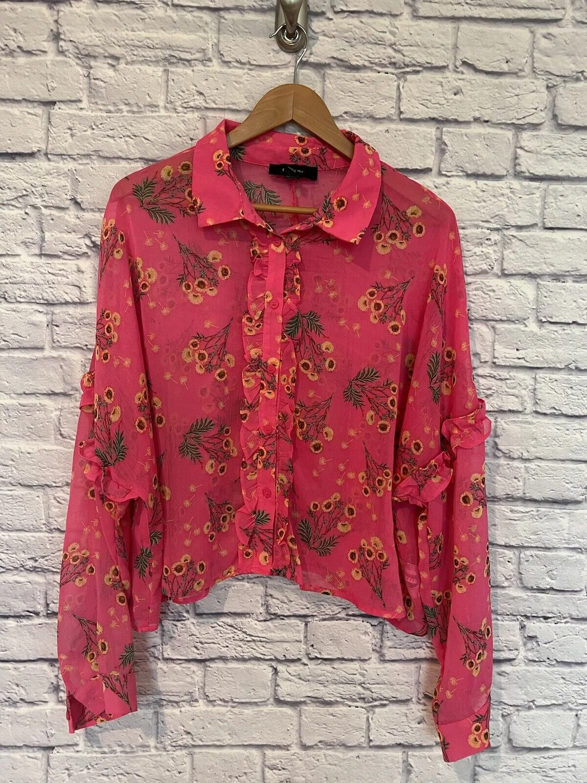 FOREVER 21 Sheer Sz 3X Button Front Blouse Pink Floral Long Sleeve Ruffle Boho