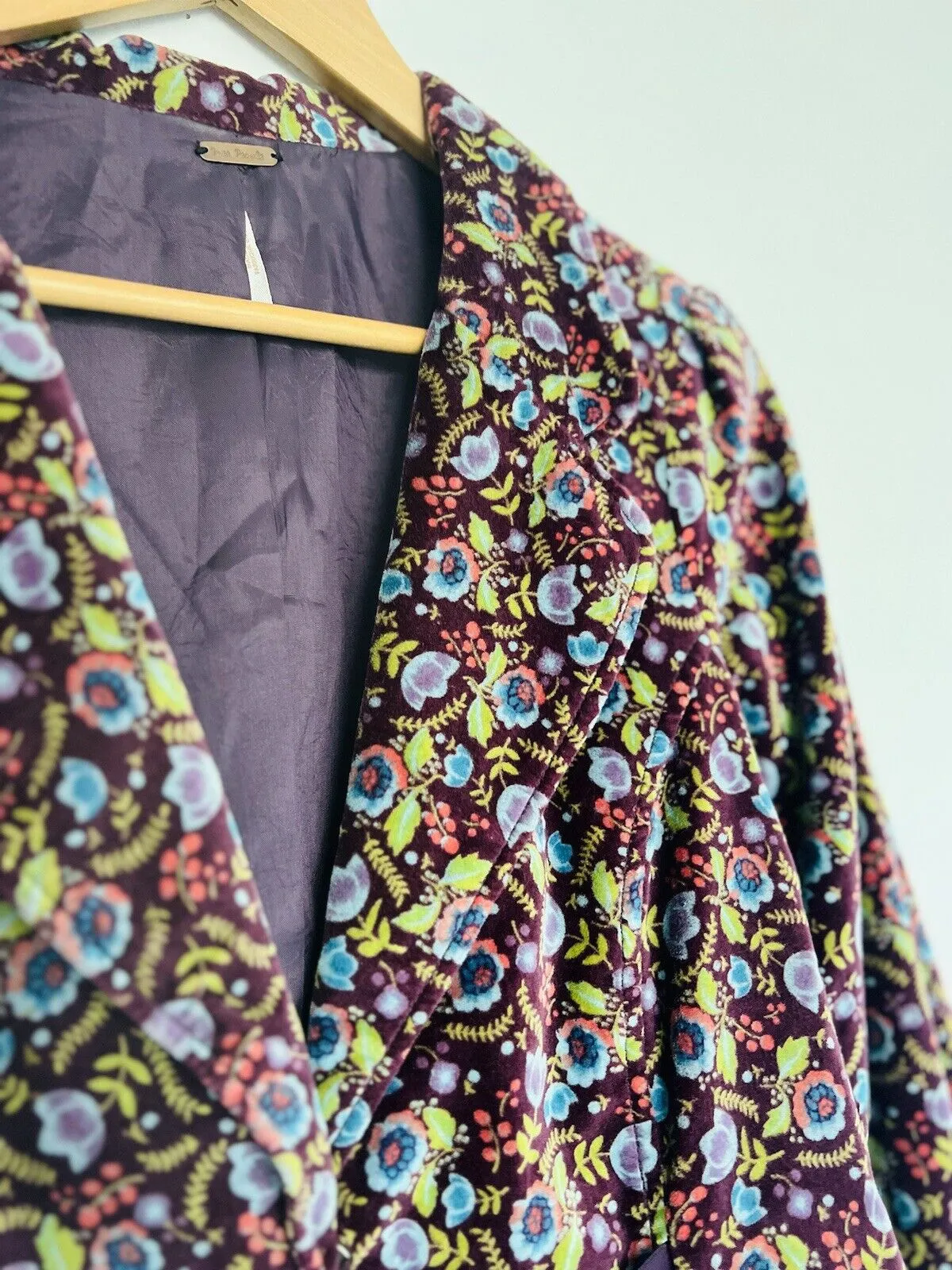 FREE PEOPLE Velvet Floral Blazer Sz 12 Purple Jacket Satin Bow Boho Hippie Artsy
