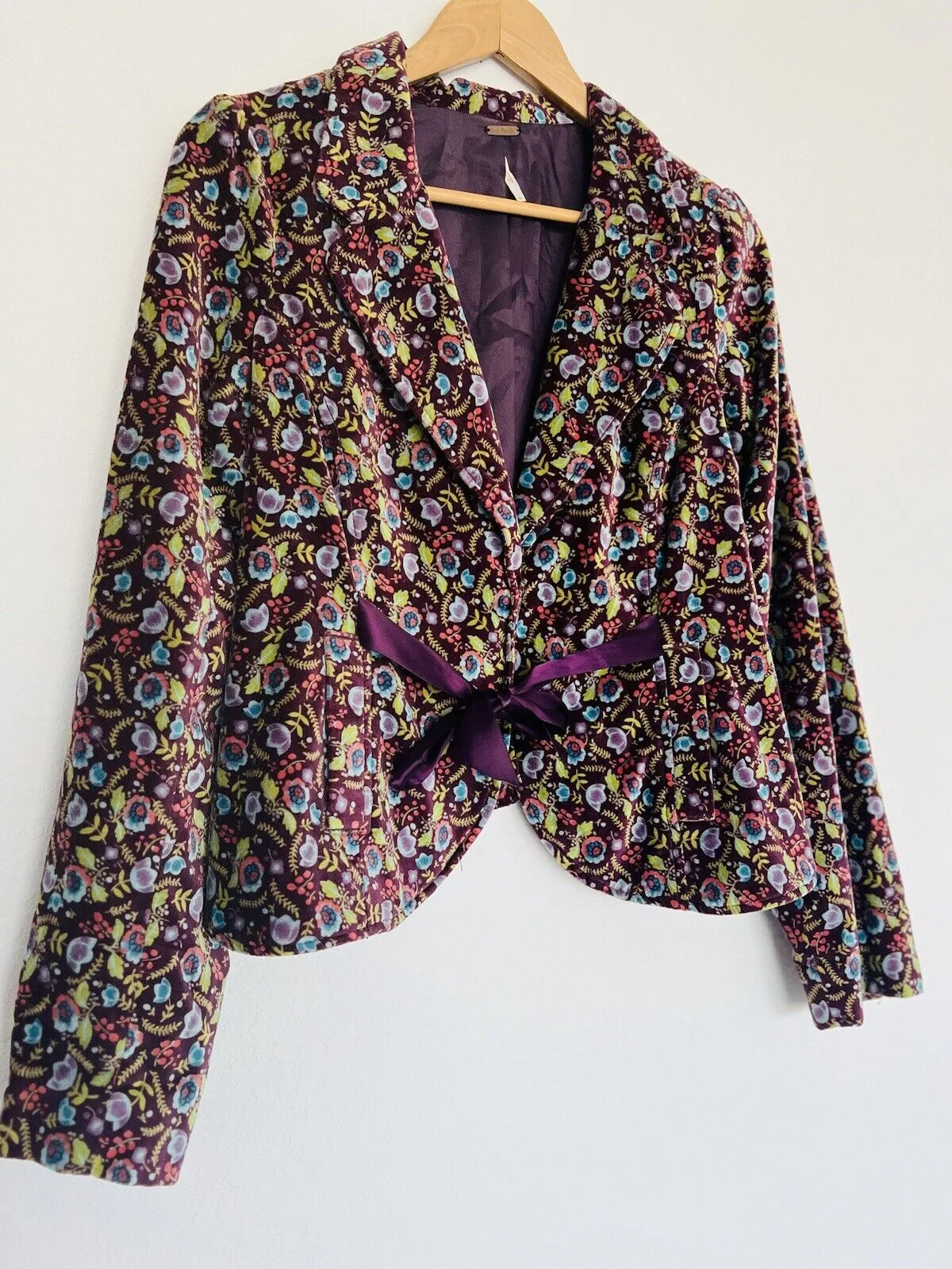 FREE PEOPLE Velvet Floral Blazer Sz 12 Purple Jacket Satin Bow Boho Hippie Artsy