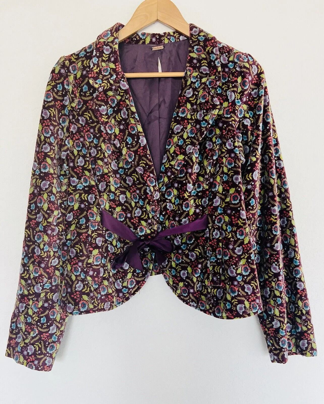 FREE PEOPLE Velvet Floral Blazer Sz 12 Purple Jacket Satin Bow Boho Hippie Artsy