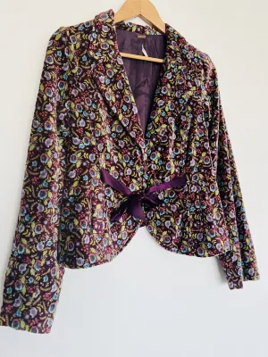 FREE PEOPLE Velvet Floral Blazer Sz 12 Purple Jacket Satin Bow Boho Hippie Artsy