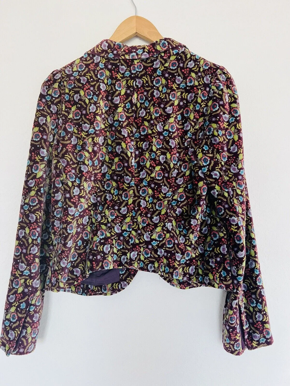 FREE PEOPLE Velvet Floral Blazer Sz 12 Purple Jacket Satin Bow Boho Hippie Artsy