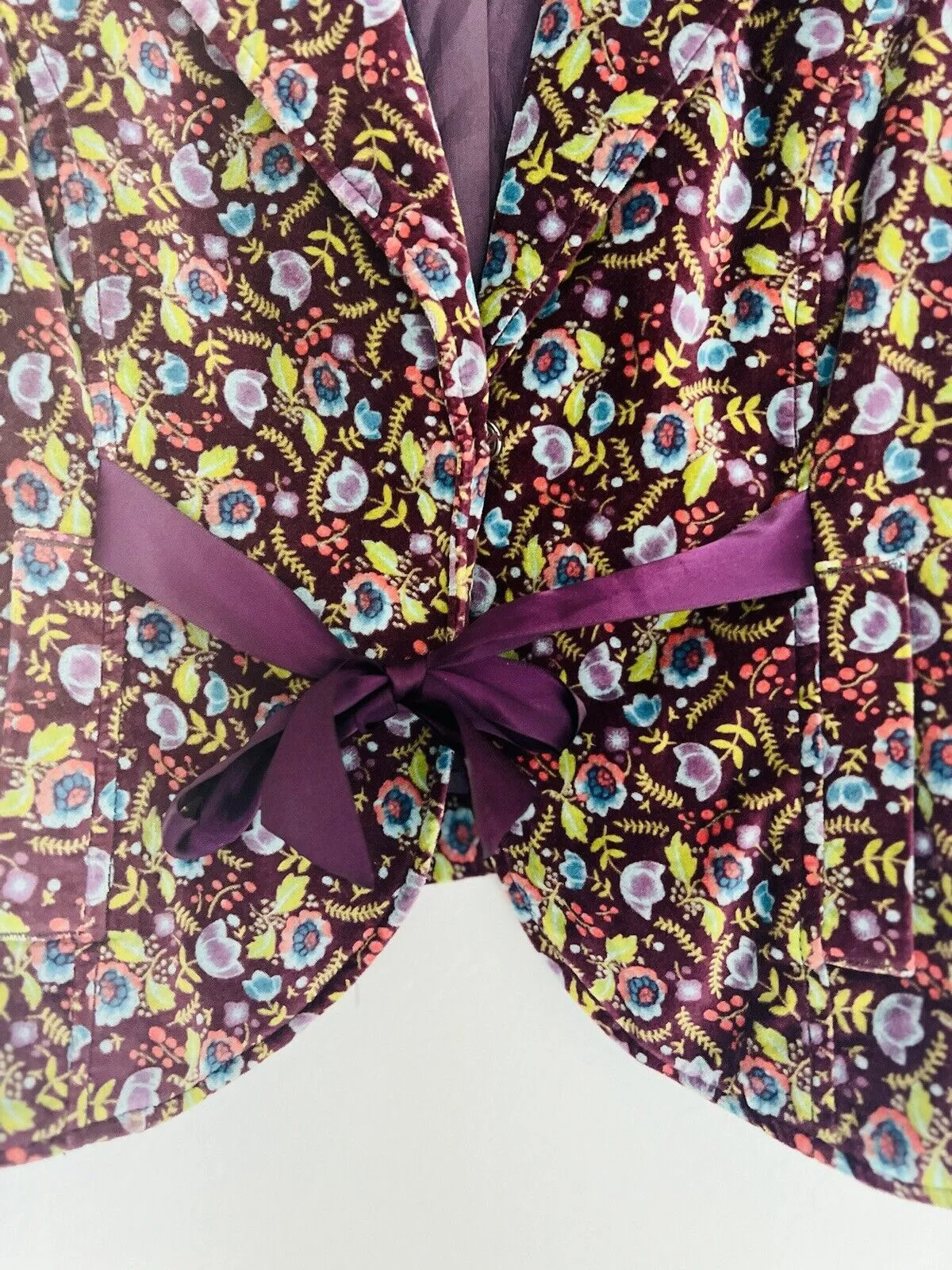 FREE PEOPLE Velvet Floral Blazer Sz 12 Purple Jacket Satin Bow Boho Hippie Artsy