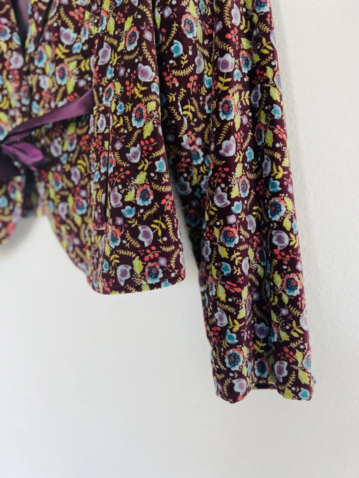 FREE PEOPLE Velvet Floral Blazer Sz 12 Purple Jacket Satin Bow Boho Hippie Artsy