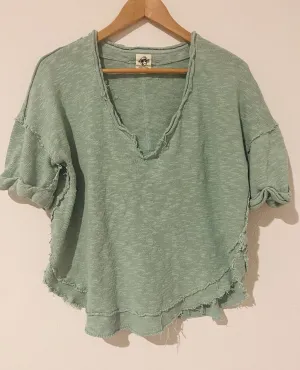 FREE PEOPLE We The Free Slouchy Crop Top Sz S Green Distressed V-Neck Shirt