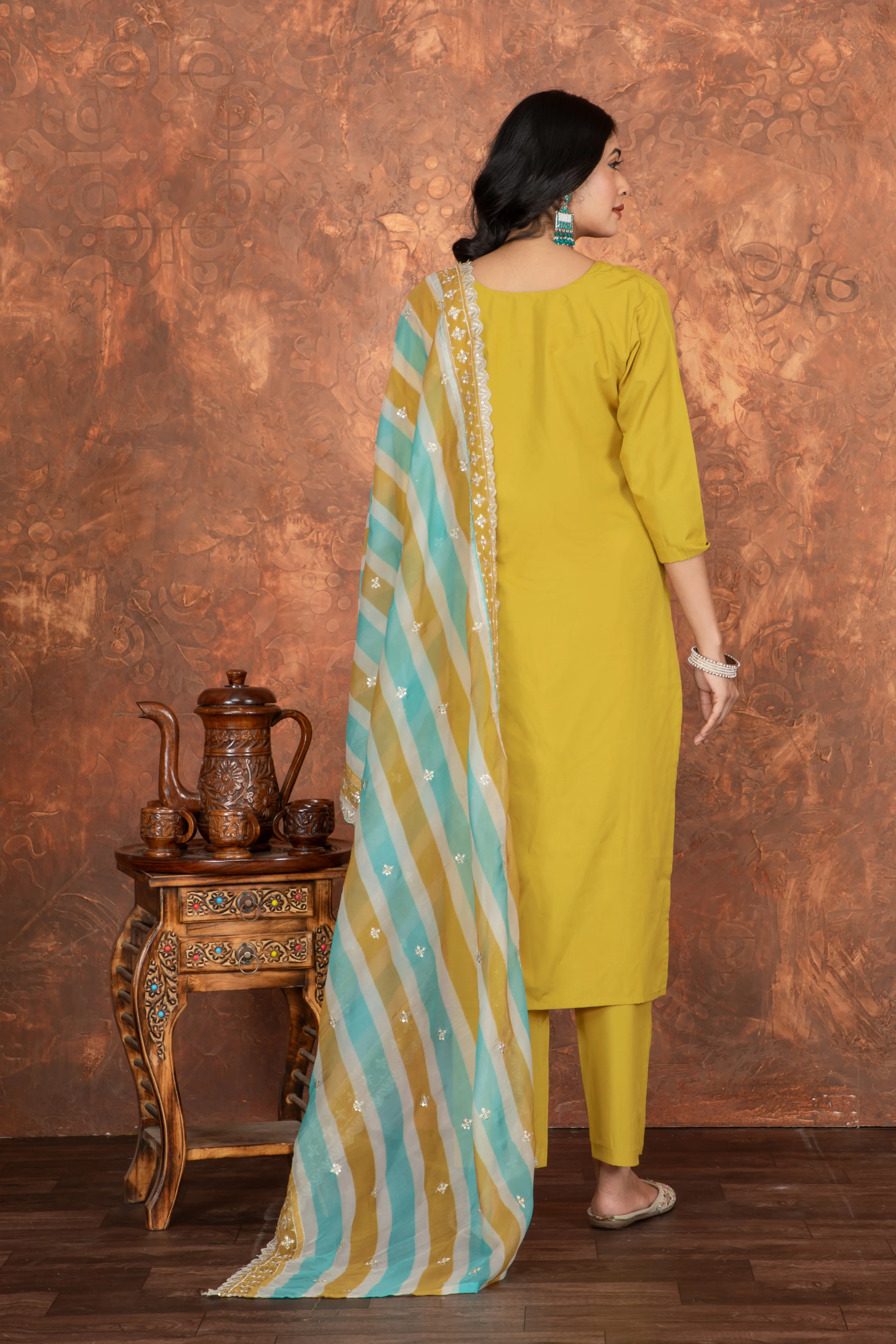 FRIFILL Mustard Yellow Embroidered Cotton Suit Set – Elegant Ethnic Wear for Women