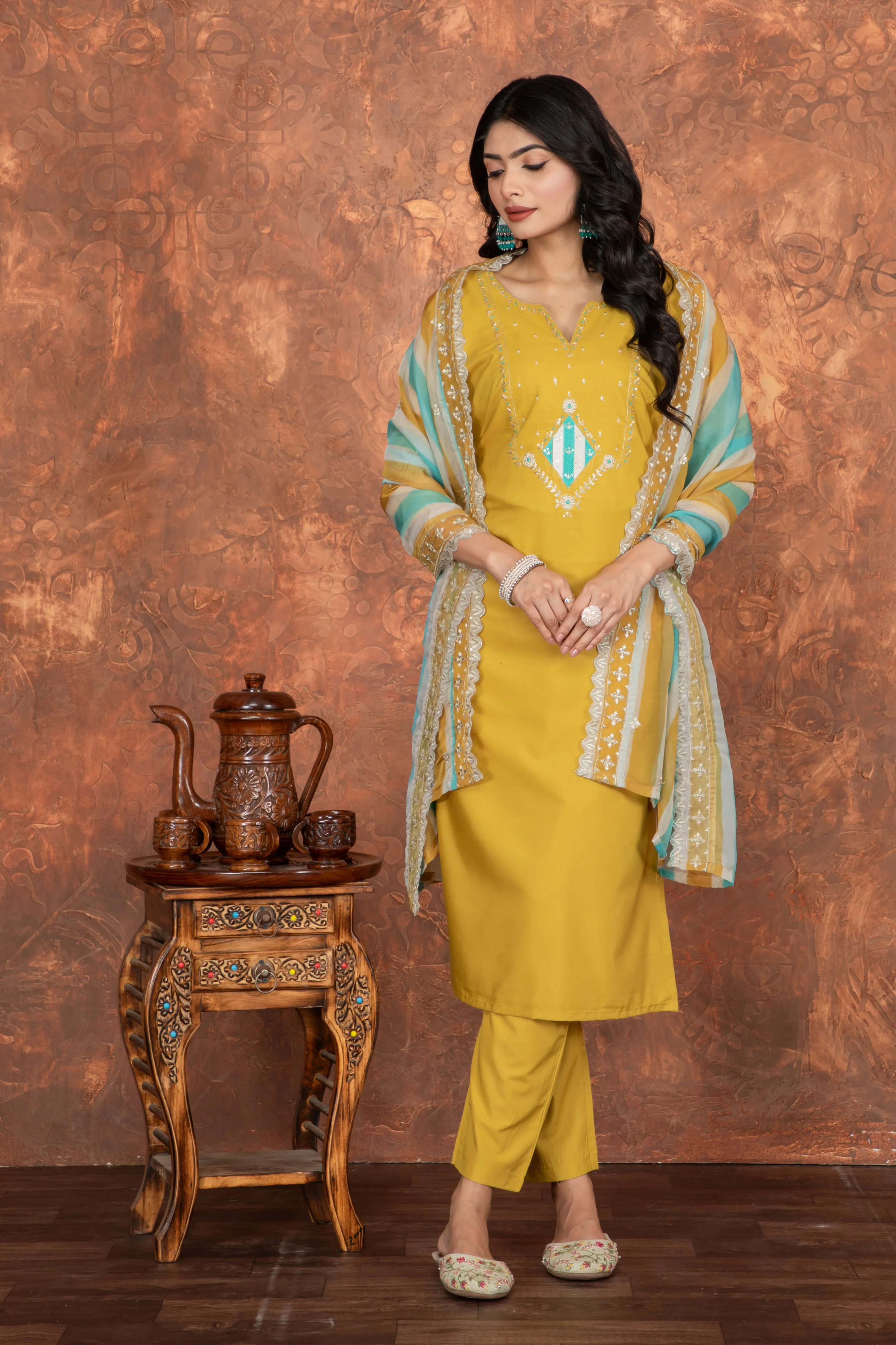 FRIFILL Mustard Yellow Embroidered Cotton Suit Set – Elegant Ethnic Wear for Women