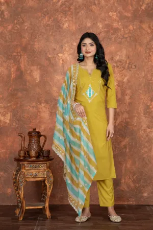 FRIFILL Mustard Yellow Embroidered Cotton Suit Set – Elegant Ethnic Wear for Women