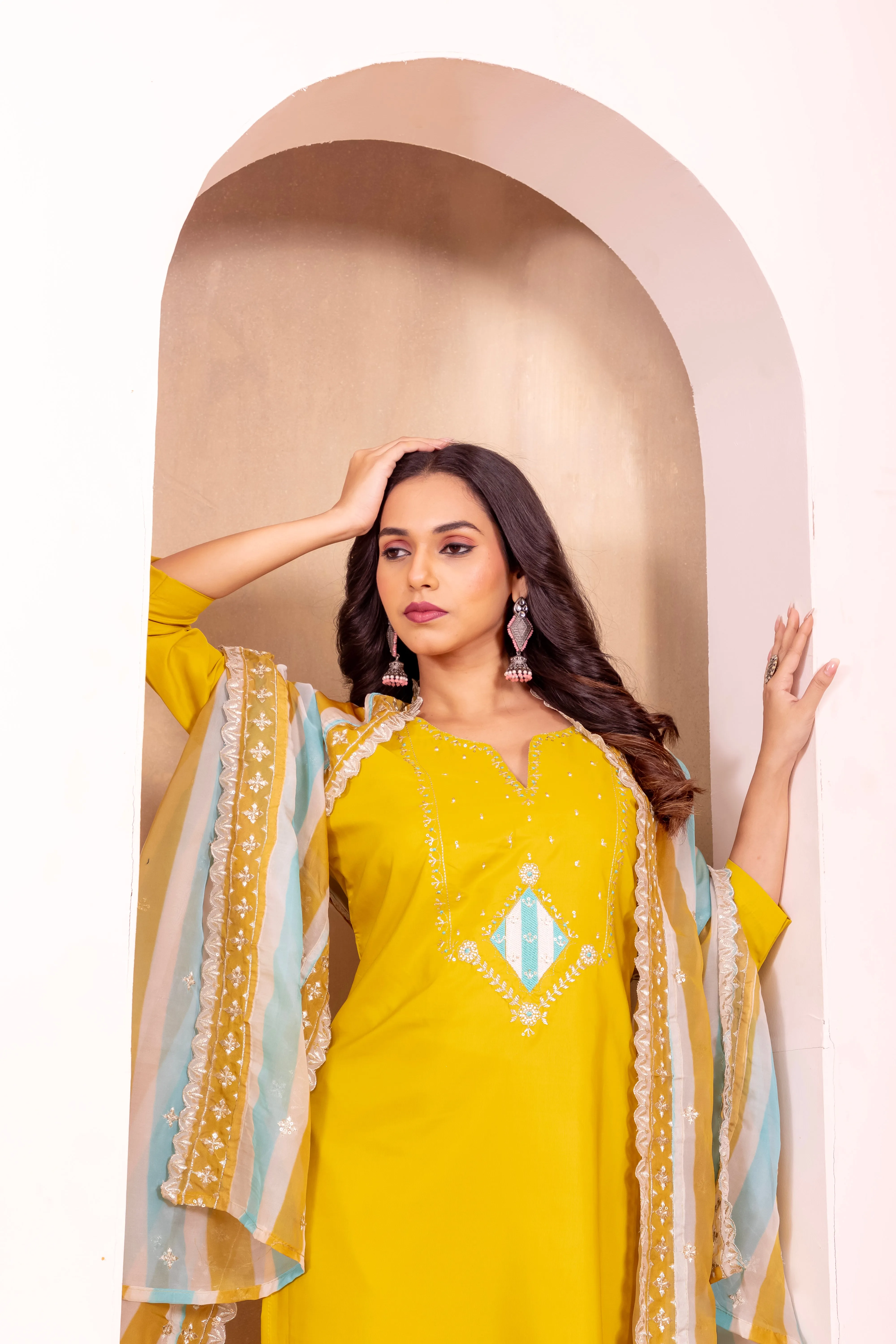 FRIFILL Mustard Yellow Embroidered Cotton Suit Set – Elegant Ethnic Wear for Women