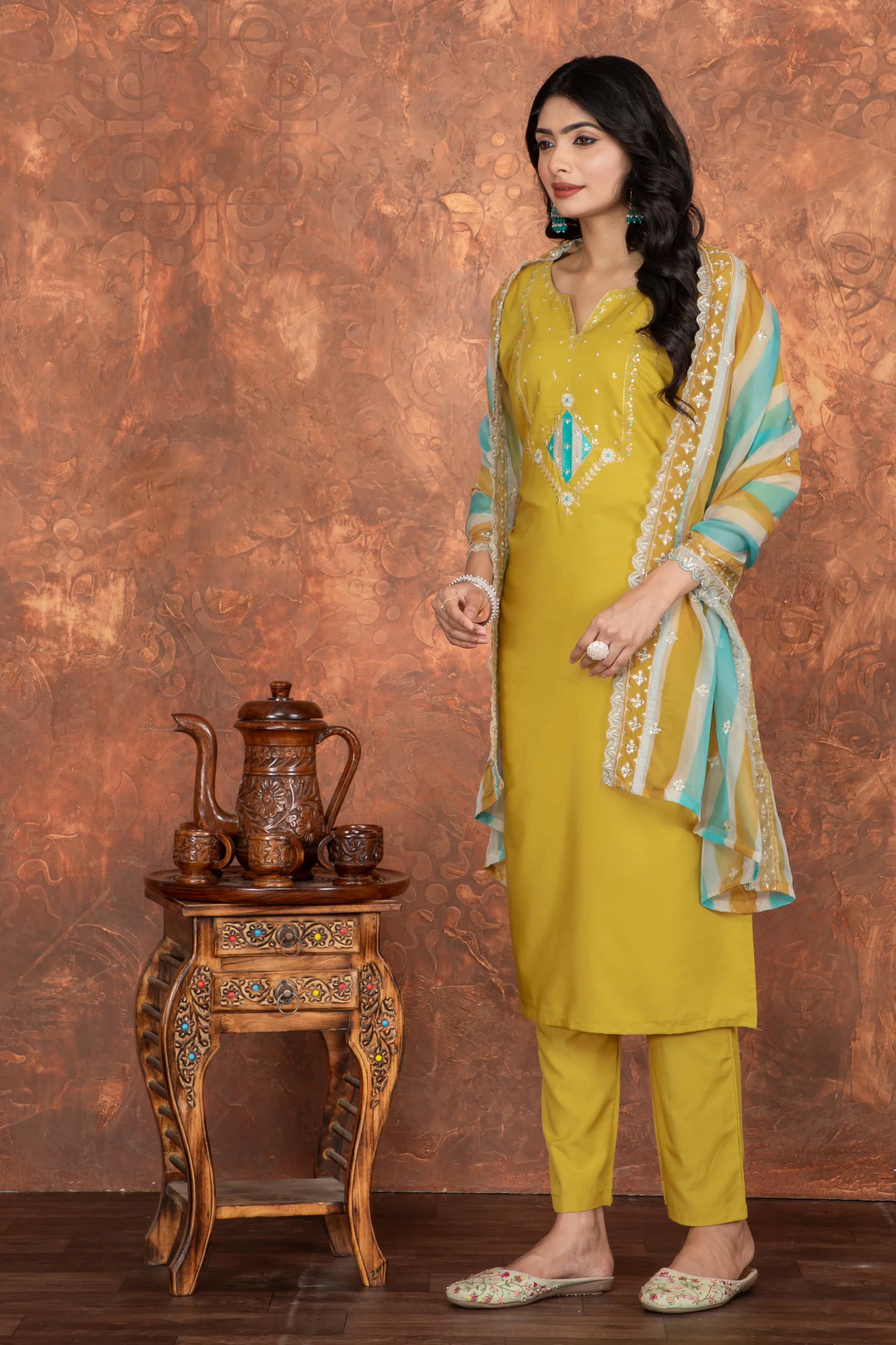 FRIFILL Mustard Yellow Embroidered Cotton Suit Set – Elegant Ethnic Wear for Women