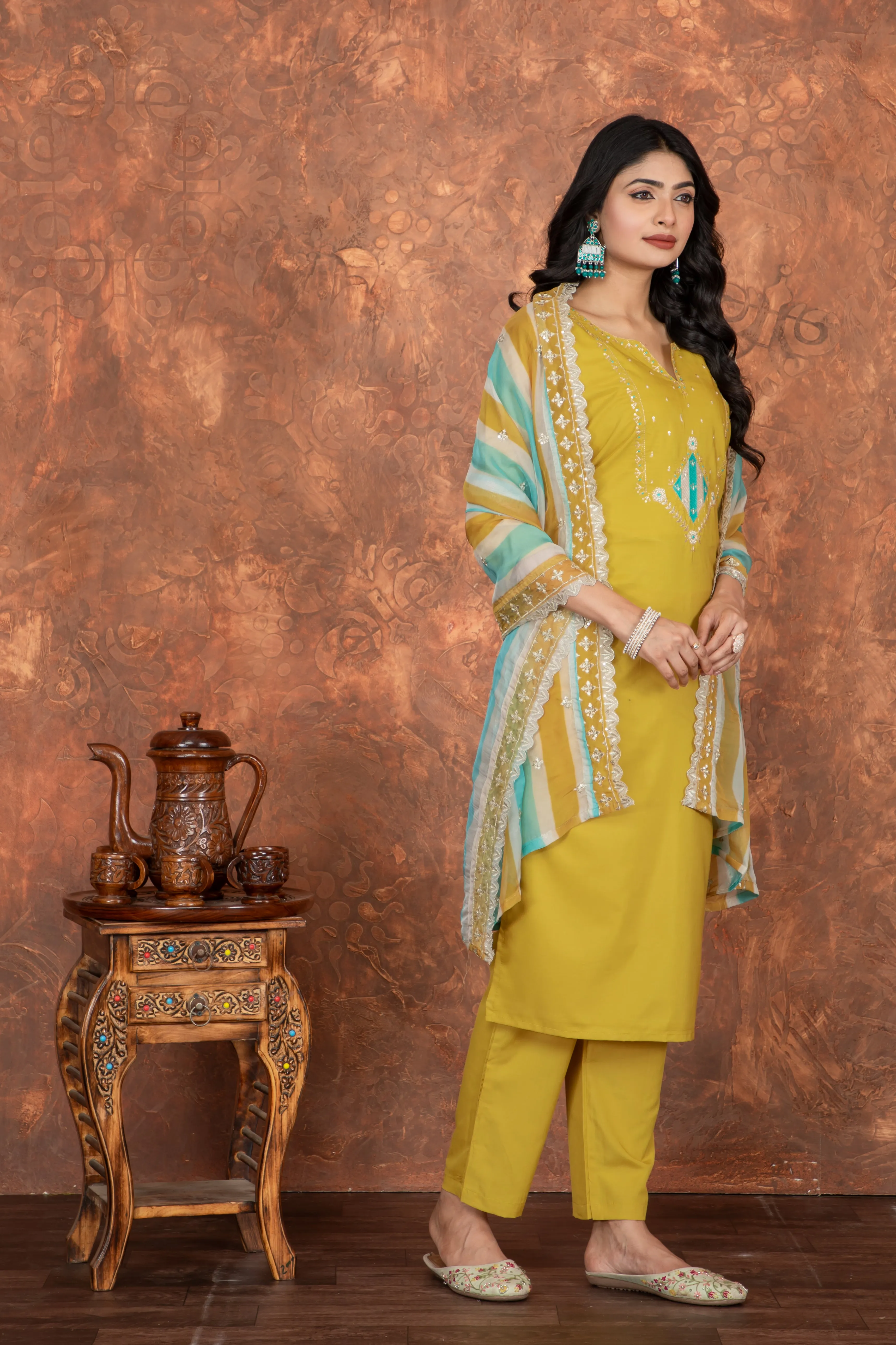 FRIFILL Mustard Yellow Embroidered Cotton Suit Set – Elegant Ethnic Wear for Women