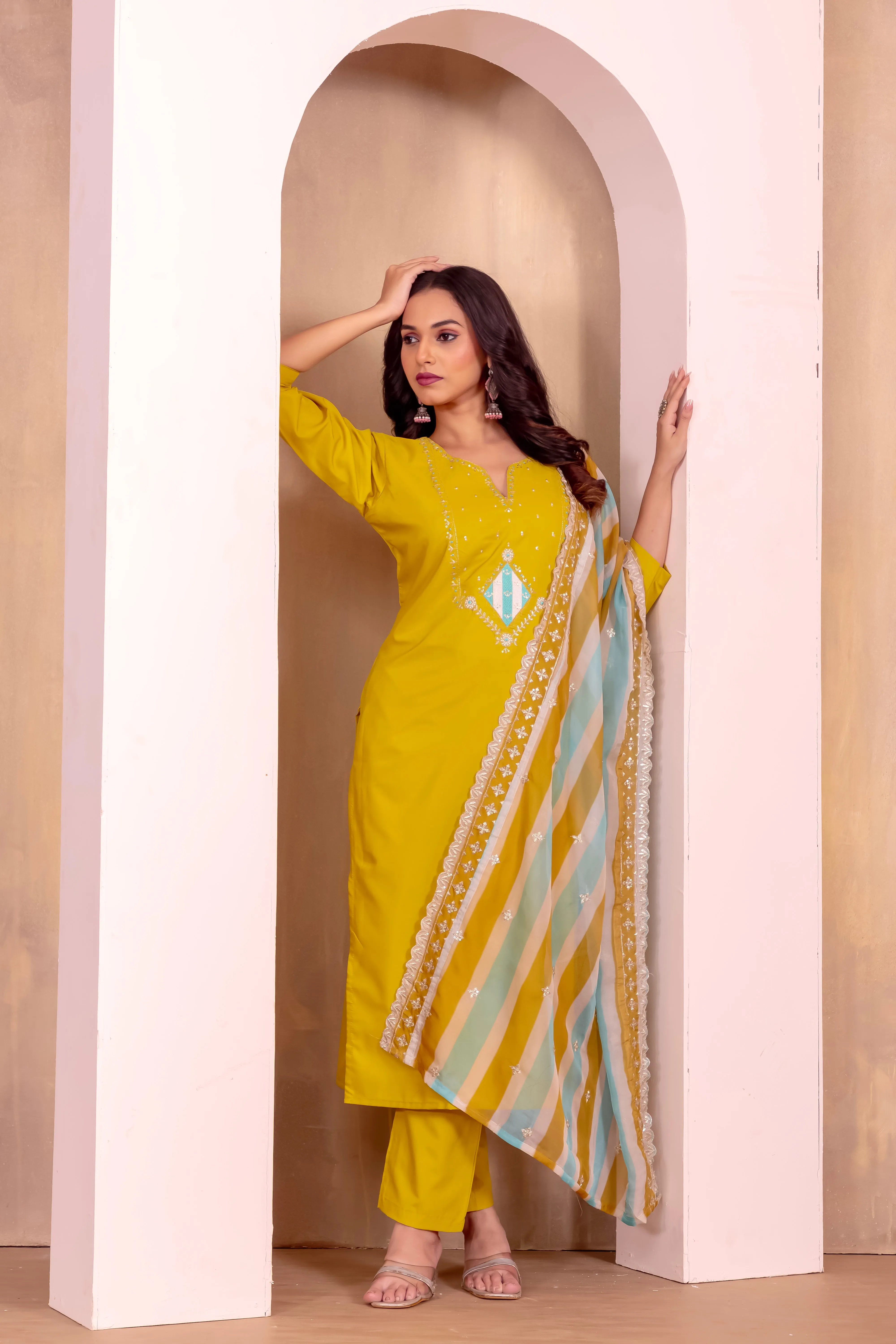 FRIFILL Mustard Yellow Embroidered Cotton Suit Set – Elegant Ethnic Wear for Women