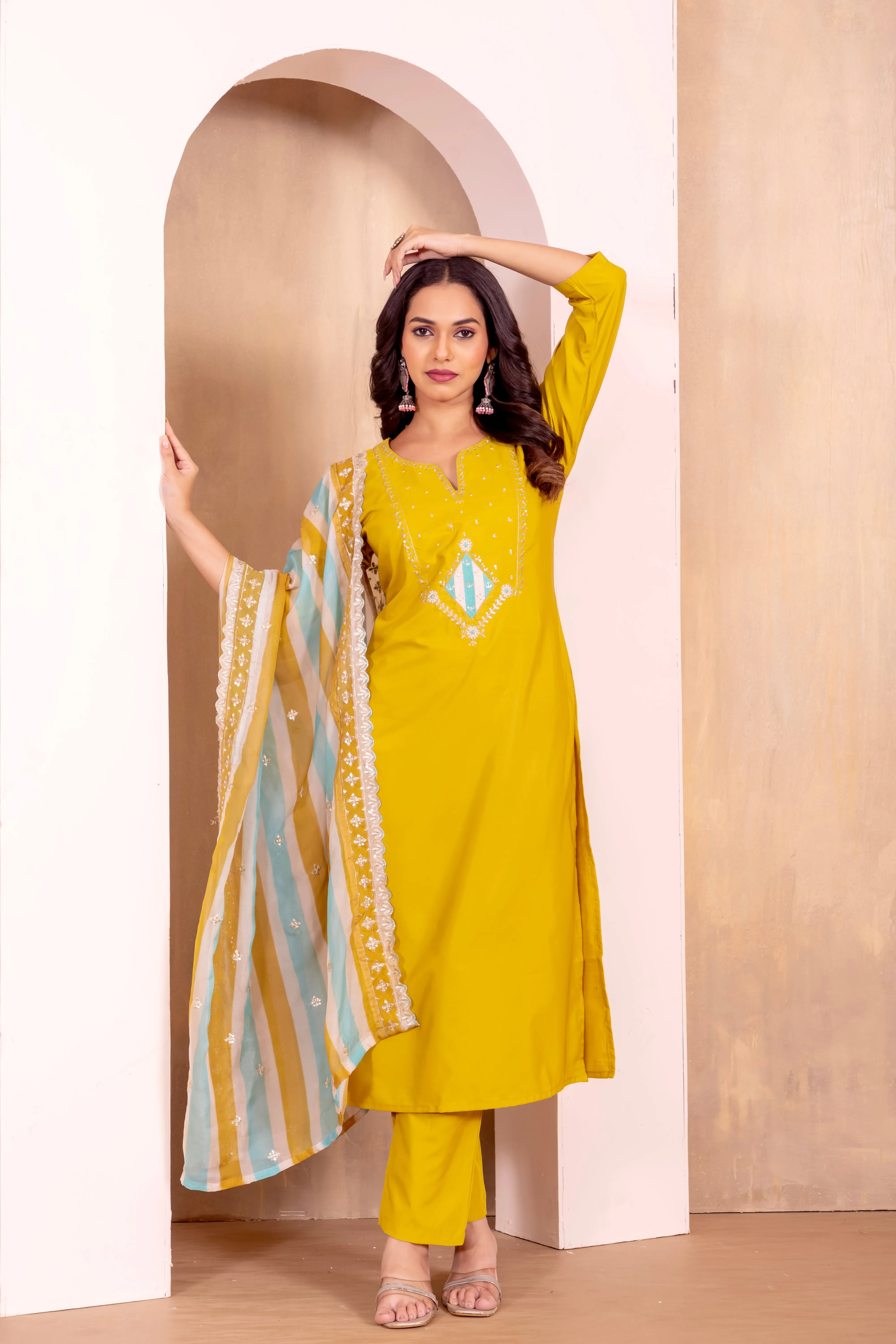 FRIFILL Mustard Yellow Embroidered Cotton Suit Set – Elegant Ethnic Wear for Women