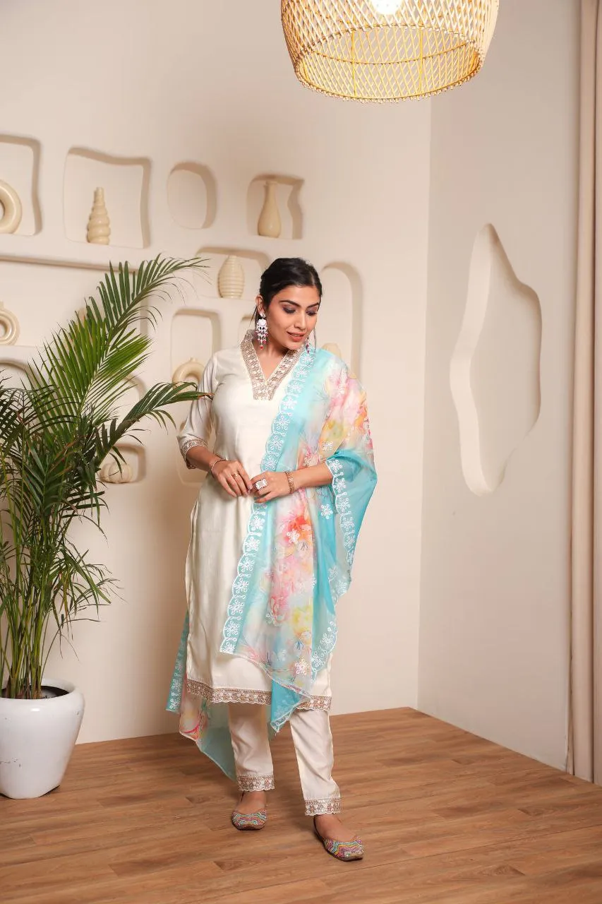 FRIFILL Trendy Designer Cotton Kurta Pant Dupatta Set With Embroidered And Printed For Women