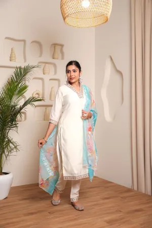 FRIFILL Trendy Designer Cotton Kurta Pant Dupatta Set With Embroidered And Printed For Women