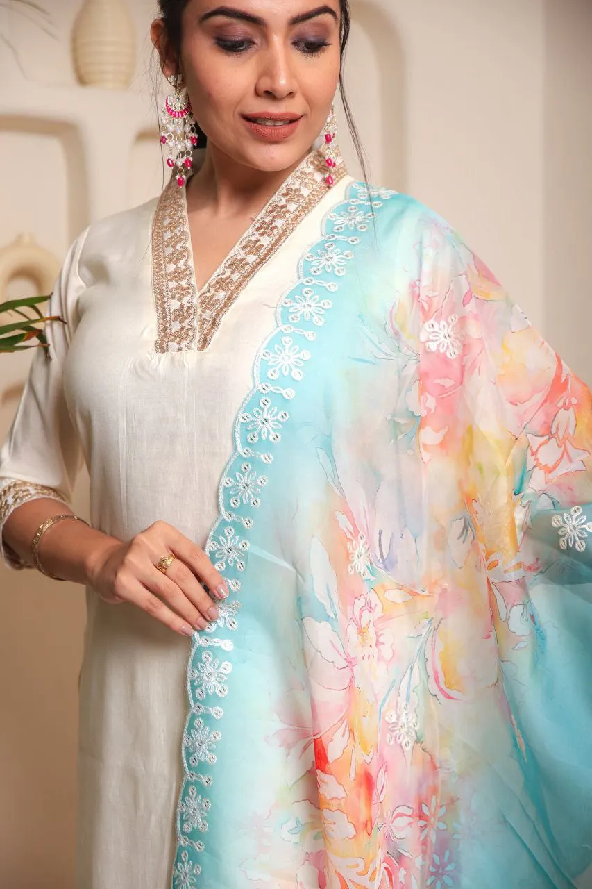 FRIFILL Trendy Designer Cotton Kurta Pant Dupatta Set With Embroidered And Printed For Women