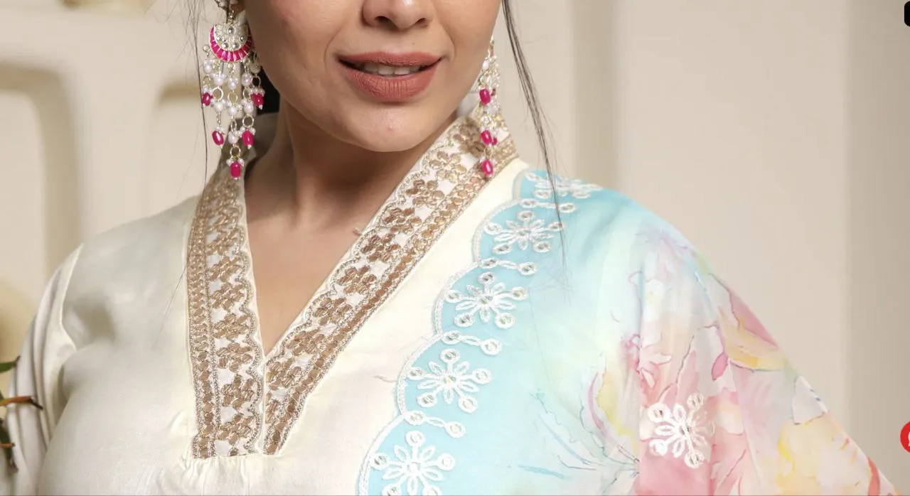 FRIFILL Trendy Designer Cotton Kurta Pant Dupatta Set With Embroidered And Printed For Women