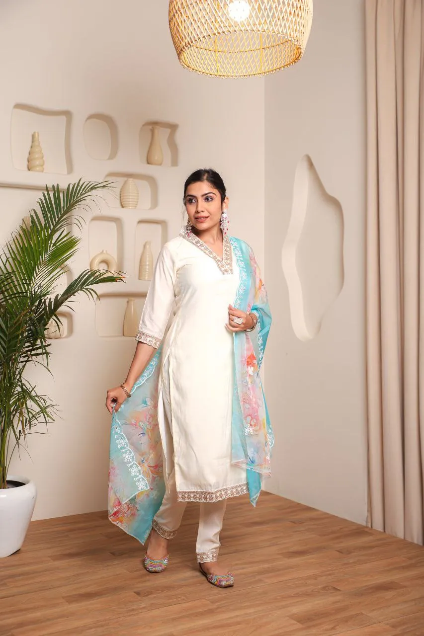FRIFILL Trendy Designer Cotton Kurta Pant Dupatta Set With Embroidered And Printed For Women