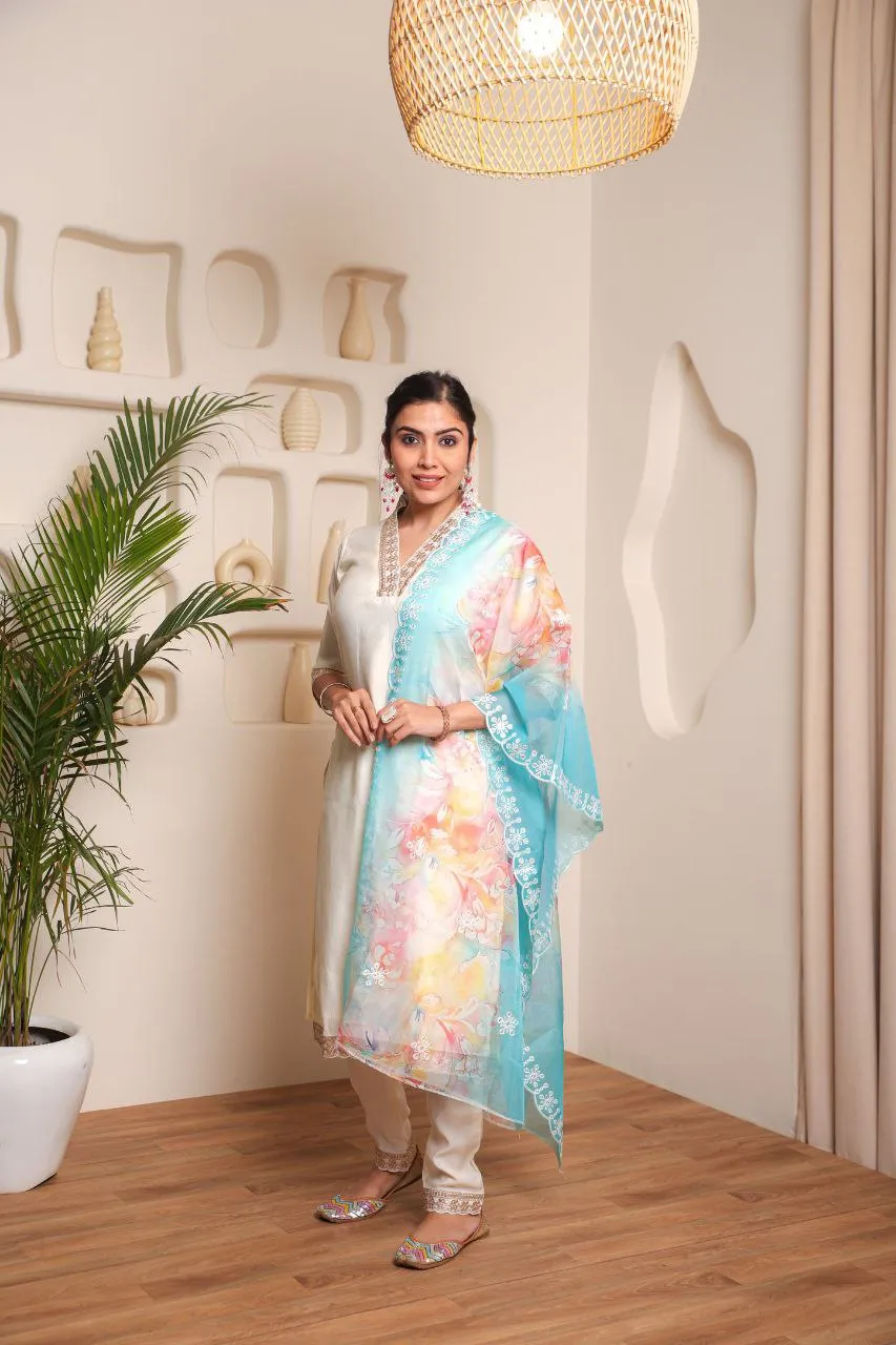 FRIFILL Trendy Designer Cotton Kurta Pant Dupatta Set With Embroidered And Printed For Women