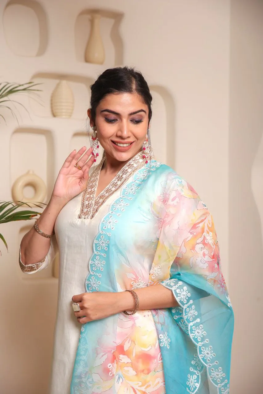 FRIFILL Trendy Designer Cotton Kurta Pant Dupatta Set With Embroidered And Printed For Women