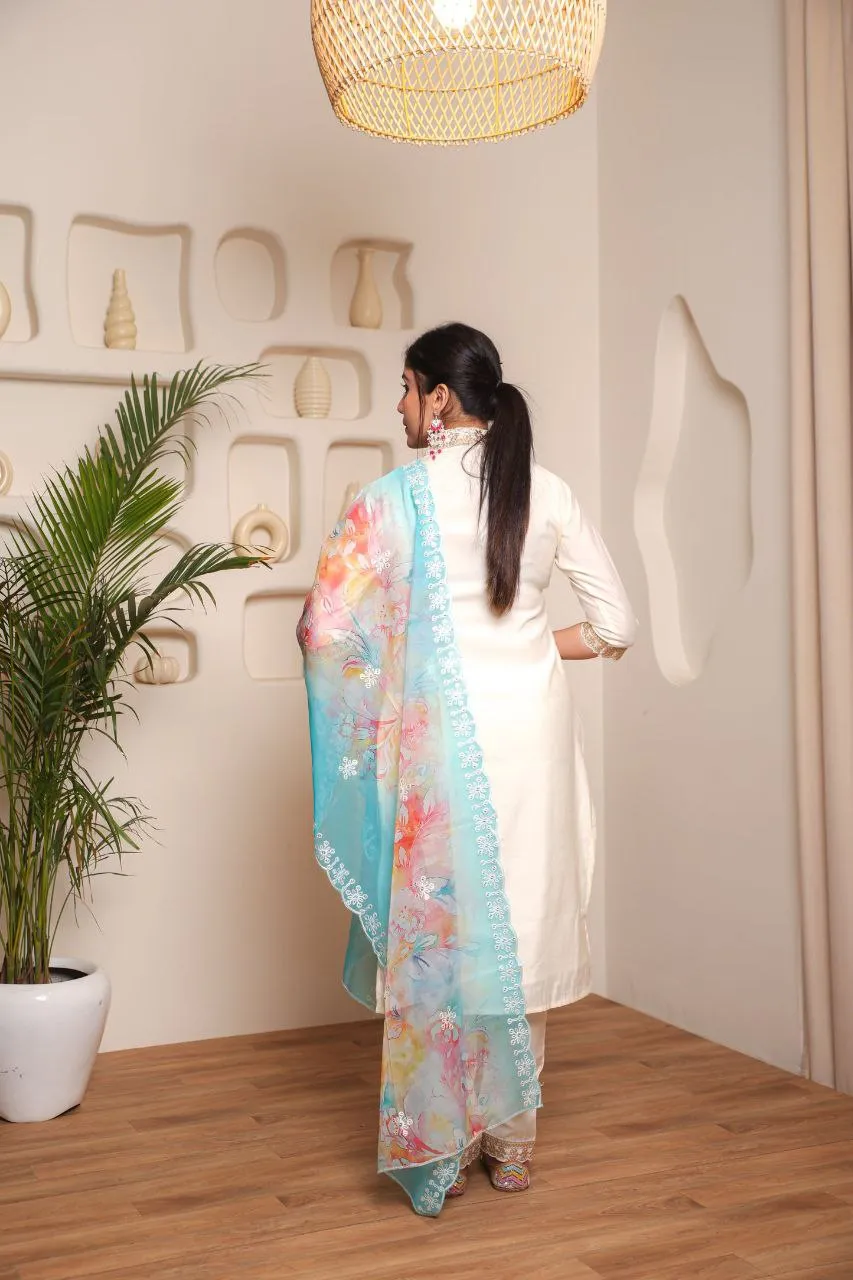 FRIFILL Trendy Designer Cotton Kurta Pant Dupatta Set With Embroidered And Printed For Women