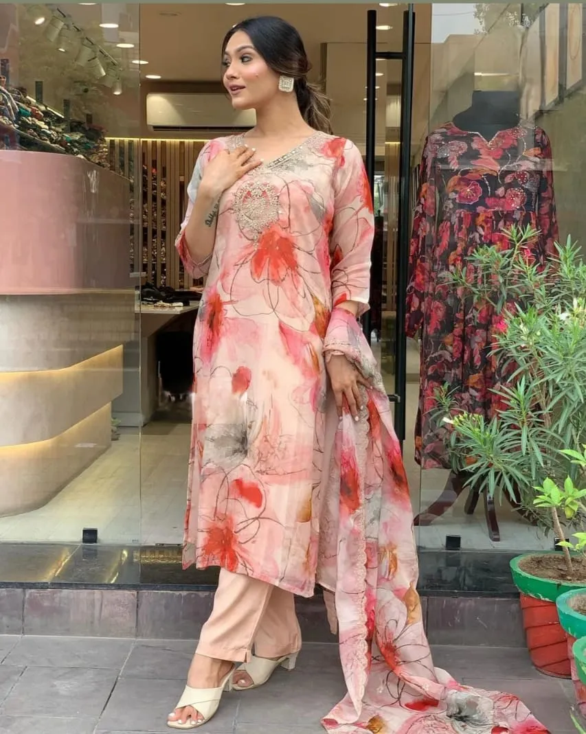 FRILLFIT Elegant Women Kurti Pant Dupatta Set for Stylish Printed Kurta, Trouser/Pant & Dupatta Set