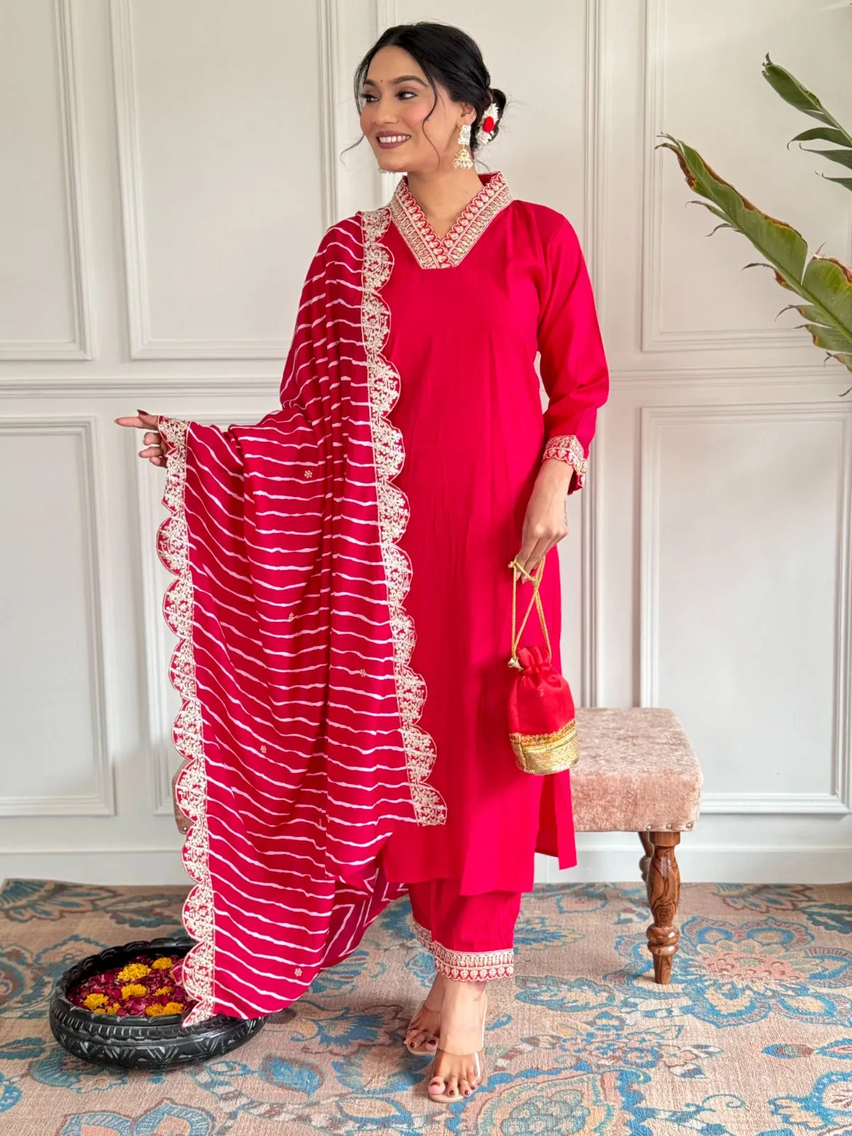 FRILLFIT : Graceful Pink Embroidered Ethnic Suit Set with Organza Dupatta