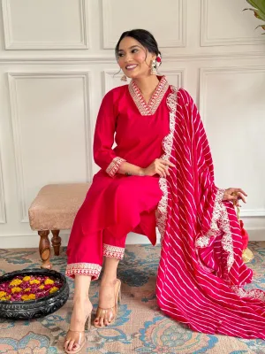 FRILLFIT : Graceful Pink Embroidered Ethnic Suit Set with Organza Dupatta