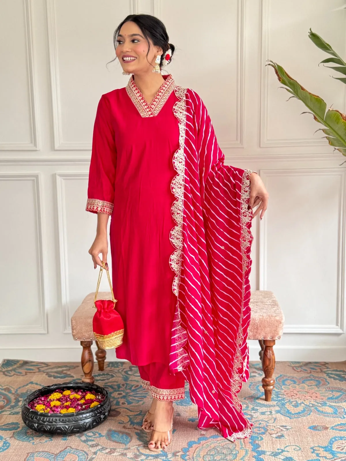 FRILLFIT : Graceful Pink Embroidered Ethnic Suit Set with Organza Dupatta