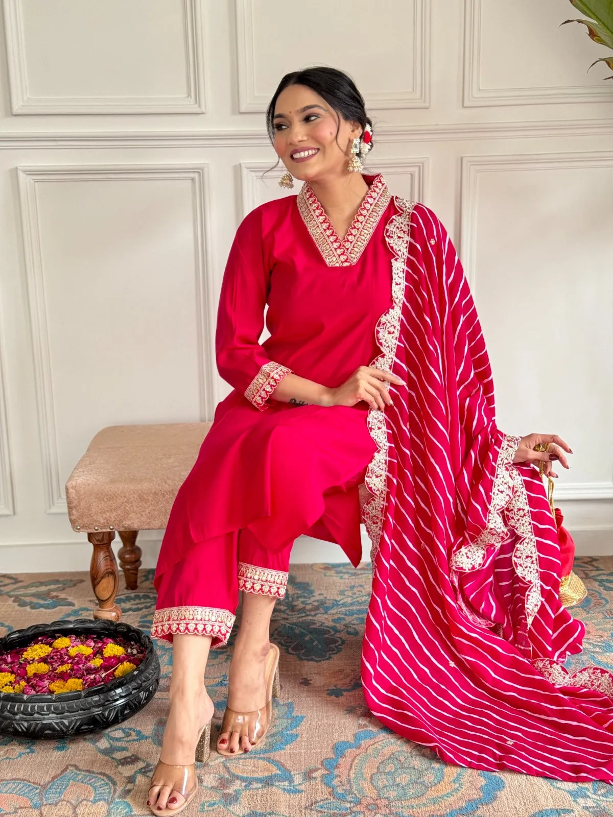 FRILLFIT : Graceful Pink Embroidered Ethnic Suit Set with Organza Dupatta