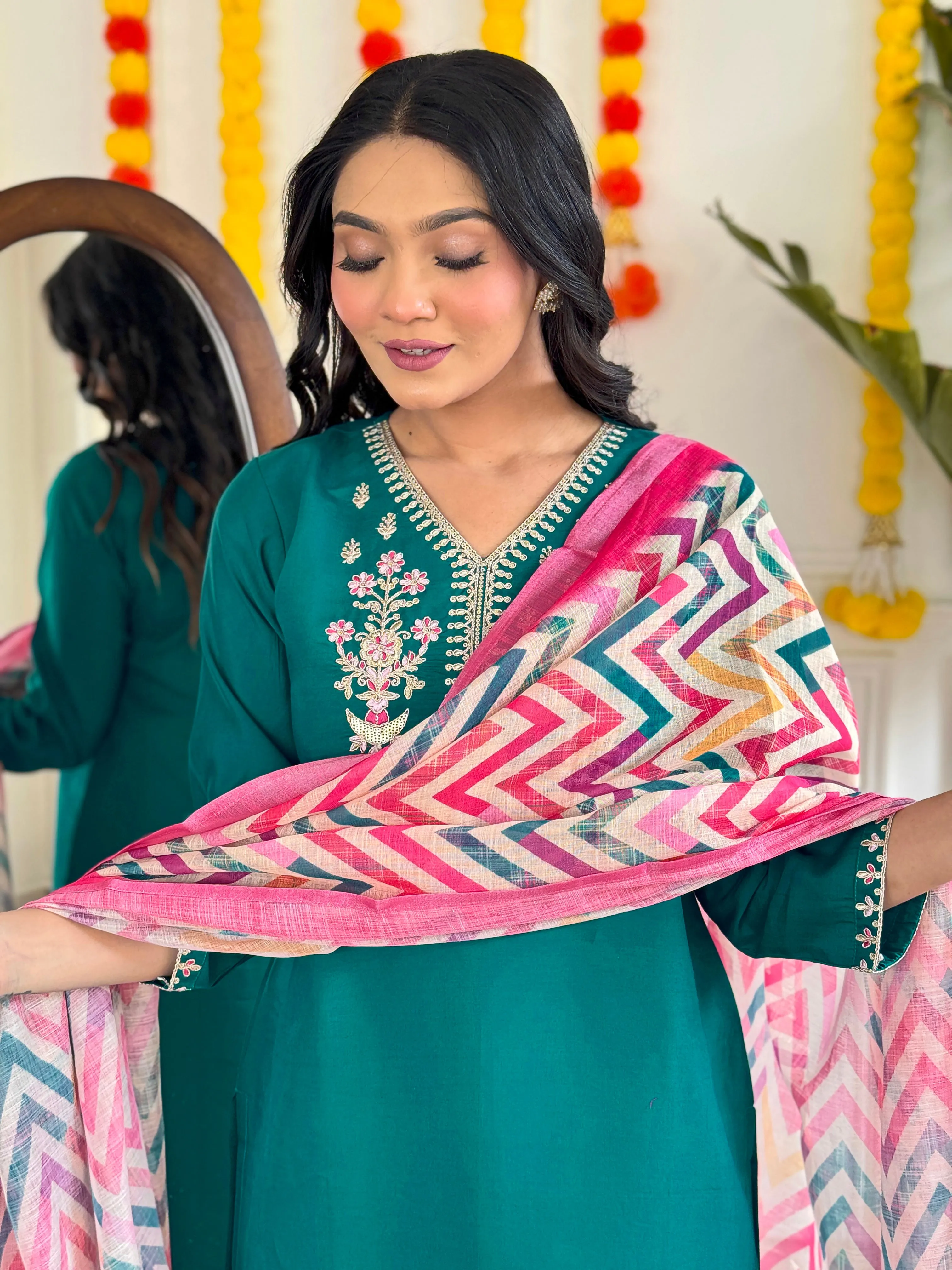 FRILLFIT : Green Embroidered Kurta Set with Chevron Print Dupatta – Festive &amp; Everyday Ethnic Wear